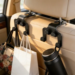 2x Car Headrest Double Hook Leather Seat Back Hanger Holder for Purses Bag Black